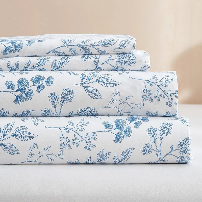 HighBuy Luxury Soft Queen Sheets Set White - Vintage Floral Sheet Set Cooling Bed Sheets Queen - 4 Piece Blue Floral Sheet Set - 16" Extra Deep Pocket,Breathable & Soft Sheets - Image 1