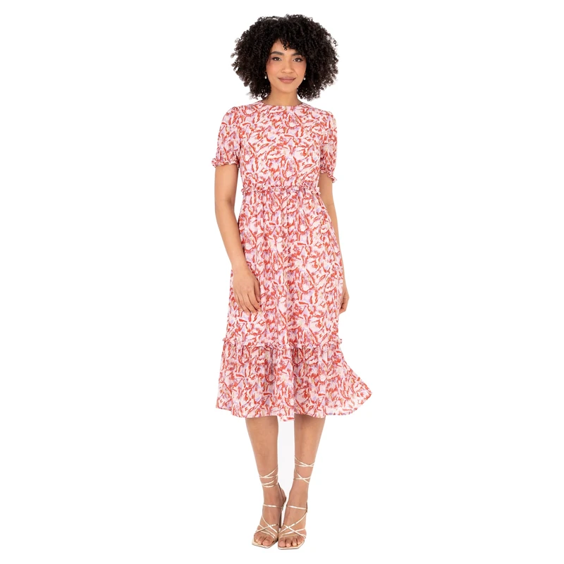 Lovedrobe Women's Midi Dress Round Neckline Short Puff Sleeve Tiered Hem Ruffle Abstract Print A-line Casual Occasion Red 22, red, 24