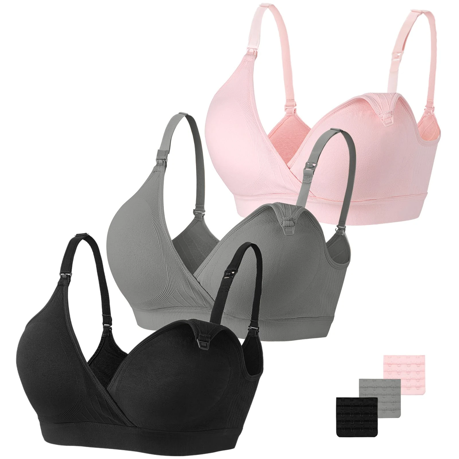 Vinfact Nursing Bra 3 Pack Seamless V Neck Maternity Bra Women Pregnancy Breastfeeding Bra Black/Grey/Pink M