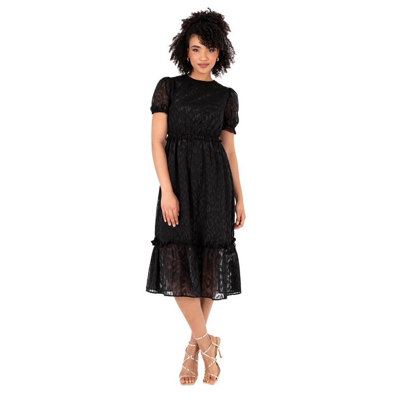 Lovedrobe Women's Ladies Midi Dress Round Neckline Short Puff Sleeve Tiered Hem Ruffle Animal Print A-line Casual Occasion, Black 14
