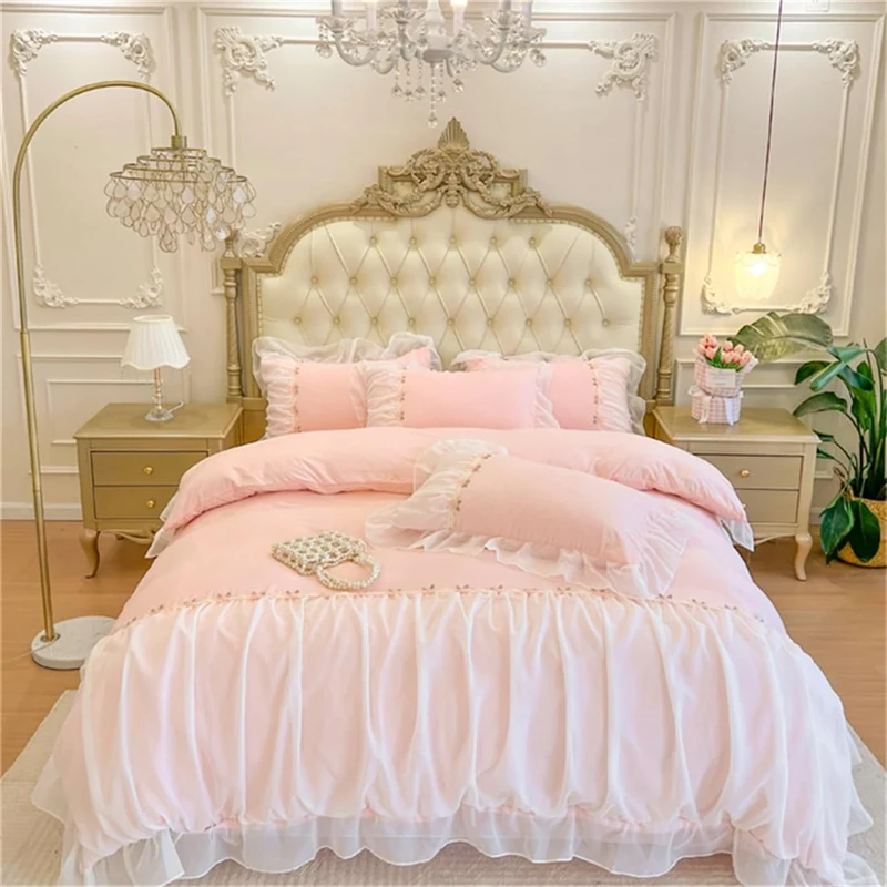 MOOWOO Pink Bedding-Romantic Ruffle Lace Bedding Set 3 Piece Comforter Queen Duvet Cover with Zipper Closure,Coquette Room Decor-Pink,Queen Size