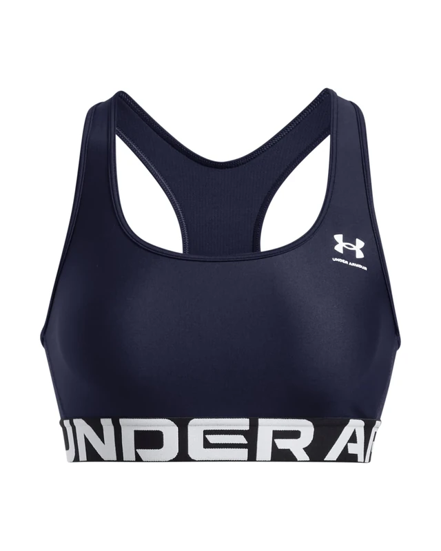 Under Armour Women's Heat Gear Mid Branded, Medium-Support Sports Bra with 4-Way Stretch Material, Gym Bra with Double-Lined Coverage,Midnight Navy / / White,LG
