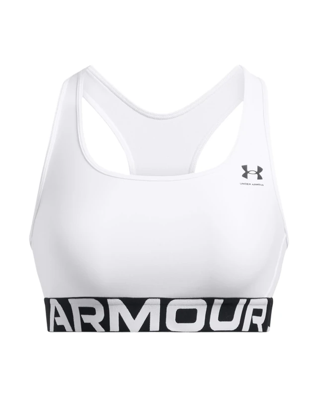 Under Armour Women's Heat Gear Mid Branded, Medium-Support Sports Bra with 4-Way Stretch Material, Gym Bra with Double-Lined Coverage,White / / Black,MD