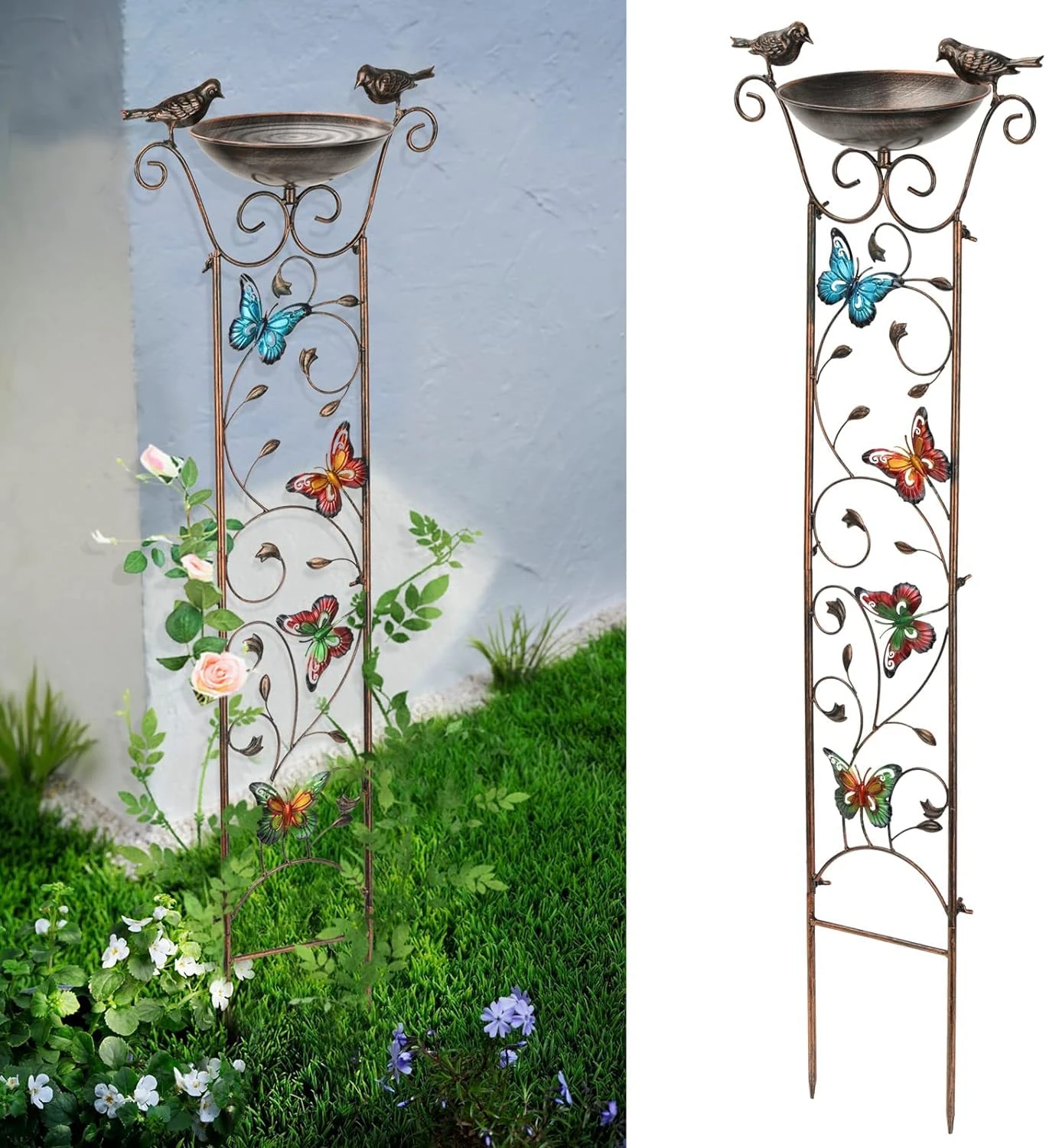 Taylor & Brown Bird Bath Bowl with Garden Trellis Outdoor, Vintage Decorative Birdbaths Bowl for Climbing Plants Flowers, Freestanding Garden Plant Support with Detachable Iron Bowl (Butterfly)