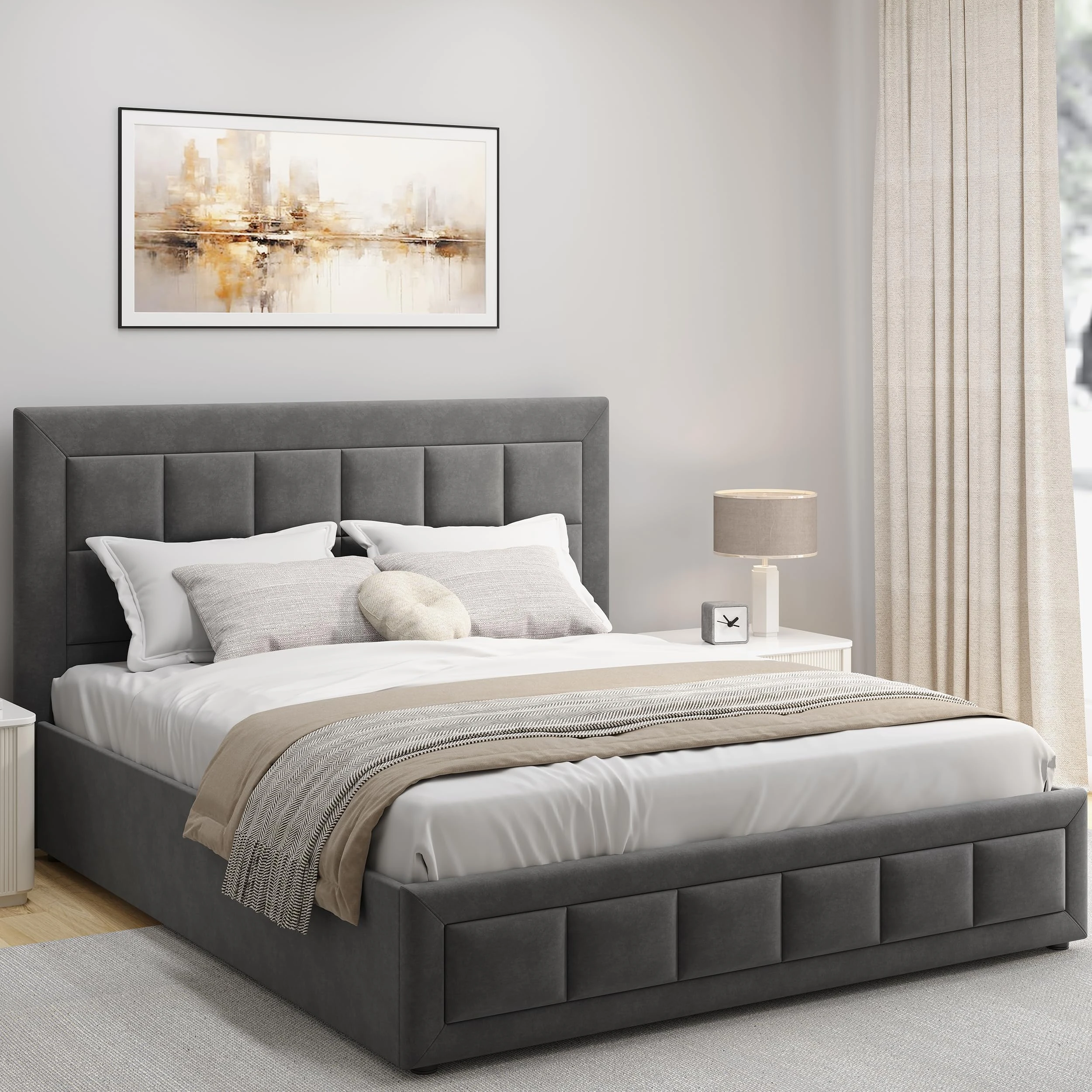 Blisswood Upholstered Super King Size Ottoman Bed Frame with Mattress Included, UKFR Ottoman Bed with Gas Lift End Opening Wooden Slats with Storage Bed (6ft Super King 190 x 214, Mattress Included)