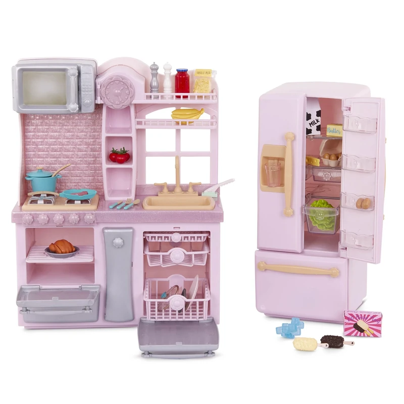 Our Generation - Gourmet Kitchen Set - Pink Fridge & Home Kitchen Playset - Cooking & Pretend Food Items - 18-Inch Doll Accessories - Imaginative Play - Toy for Kids 3 Years +