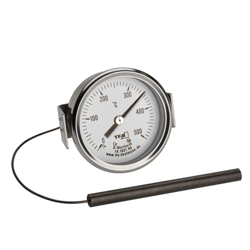 TFA Dostmann Analogue Stainless Steel Thermometer up to 500 °C, 14.1037, Suitable for Pizza Oven, Stone Oven, Wood Oven or Grill/Smoker, with Cable Sensor, Replacement Part or Accessories, Silver