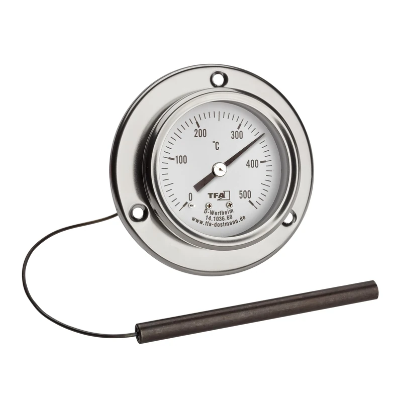 TFA Dostmann Analogue Stainless Steel Pizza Thermometer 14.1036 for Pizza Oven, Stone Oven, Wood Oven or Grill/Smoker, up to 500 °C, with Cable Sensor, Replacement Part or Accessories, Silver