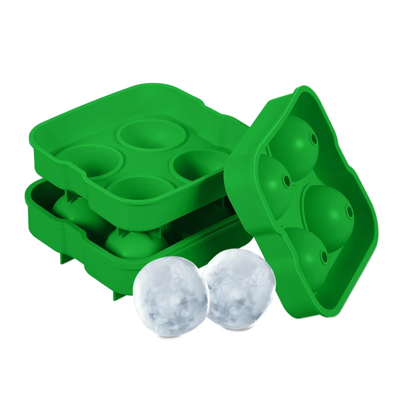 Relaxdays Ice Cube Tray, Set of 2, Reusable, Silicone Mould, 4 Compartments Each, Safe BPA-Free, Sphere 4.5 cm, Green, 5 x 12.5 x 12.5 cm