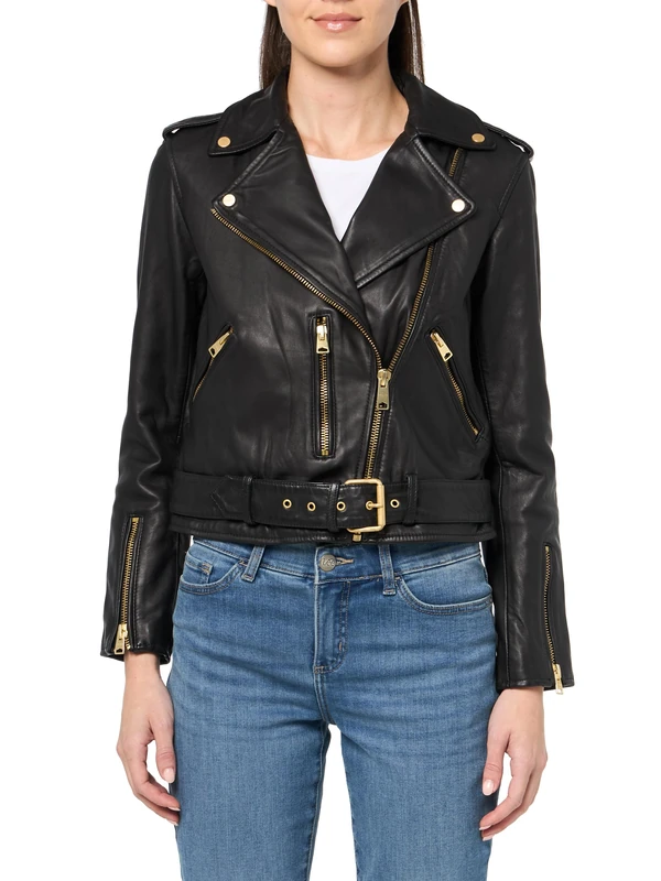 AllSaints Women's Balfern Leather Biker Jacket, Black/Gold, 6 - Image 1