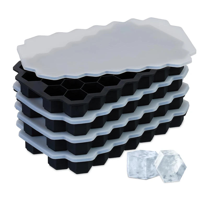 Relaxdays Ice Cube Tray, Set of 4, Reusable, Silicone Mould, 37 Hexagonal Shapes, Food Safe BPA-Free, with Lid, Black, 2.5 x 21 x 13 cm