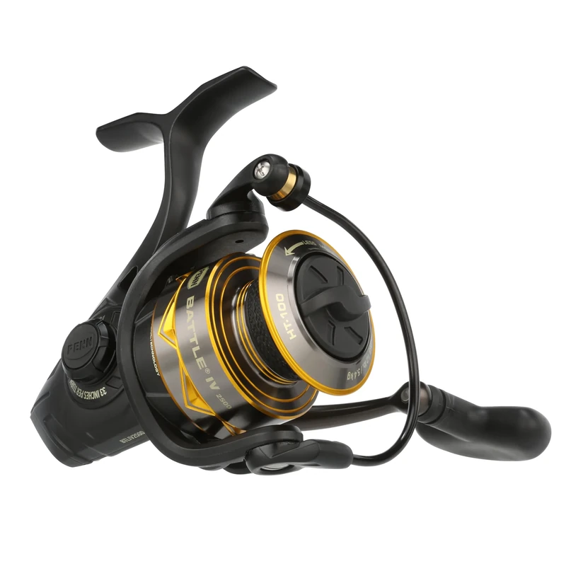 PENN Battle IV Spinning Reel, Saltwater Angler Fishing Sea Fish Lure & Bait, Bass, Pollack, Cod, Mackerel, Wrasse, Aluminum Spool, Robust Ambidextrous 2500 Reel Size 6.2:1 Gear Black, Gold & Smoke
