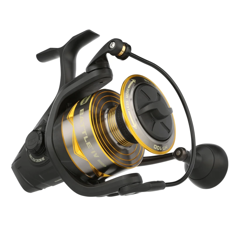 PENN Battle IV Spinning Reel, Saltwater Angler Fishing Sea Fish Lure & Bait, Bass, Pollack, Cod, Mackerel, Wrasse, Aluminum Spool, Robust Ambidextrous 8000 Reel Size 5.1:1 Gear Black, Gold & Smoke