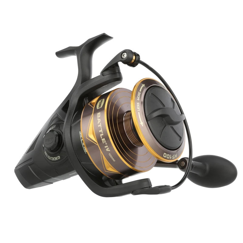 PENN Battle IV Spinning Reel, Saltwater Angler Fishing Sea Fish Lure & Bait, Bass, Pollack, Cod, Mackerel, Wrasse, Aluminum Spool, Robust Ambidextrous 10000 Reel Size 4.2:1 Gear Black, Gold & Smoke