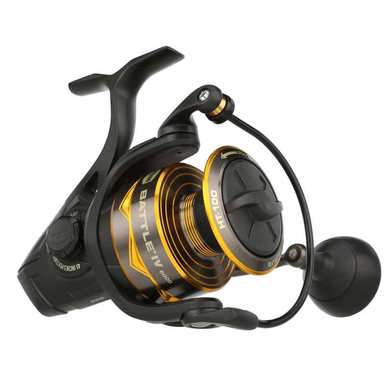 PENN Battle IV Spinning Reel, Saltwater Angler Fishing Sea Fish Lure & Bait, Bass, Pollack, Cod, Mackerel, Wrasse, Aluminum Spool, Robust Ambidextrous 6000 Reel Size 5.6:1 Gear Black, Gold & Smoke
