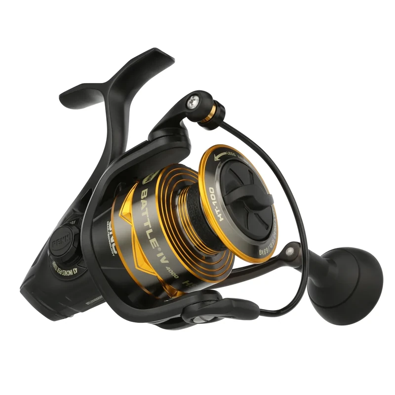 PENN Battle IV Spinning Reel, Saltwater Angler Fishing Sea Fish Lure & Bait, Bass, Pollack, Cod, Mackerel, Wrasse, Aluminum Robust Ambidextrous 4000 High Speed Reel Size 7.0:1 Black, Gold & Smoke