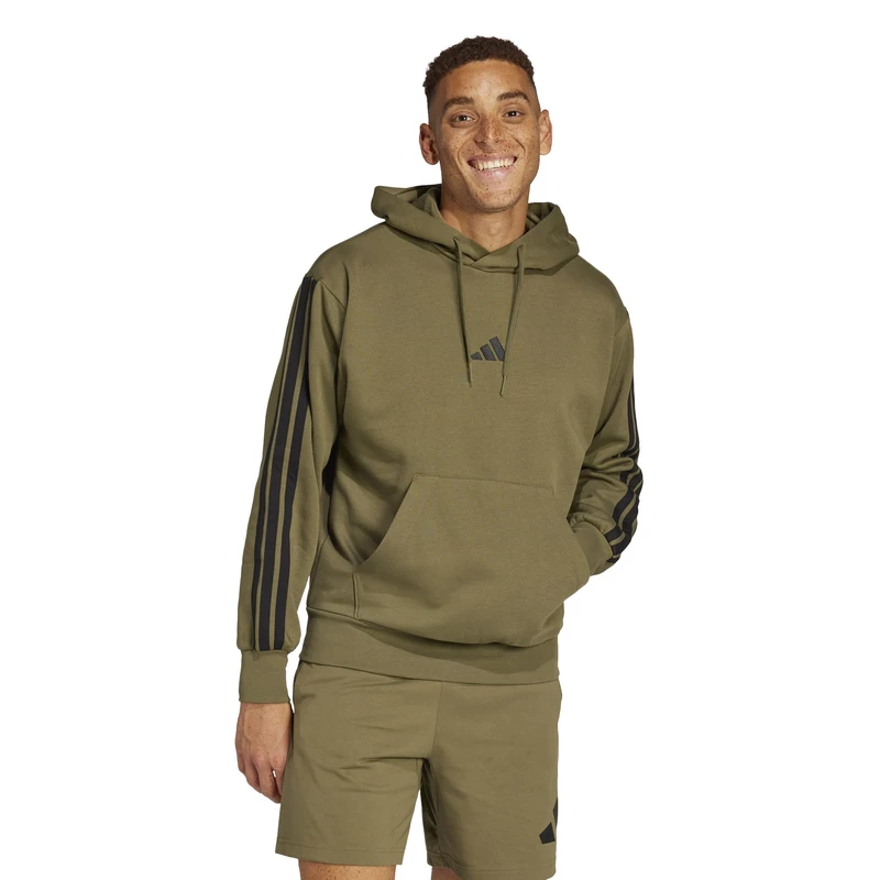 adidas Men's ESSENTIAL THREE STRIPES FLEECE HOODIE, olive strata/black, XS