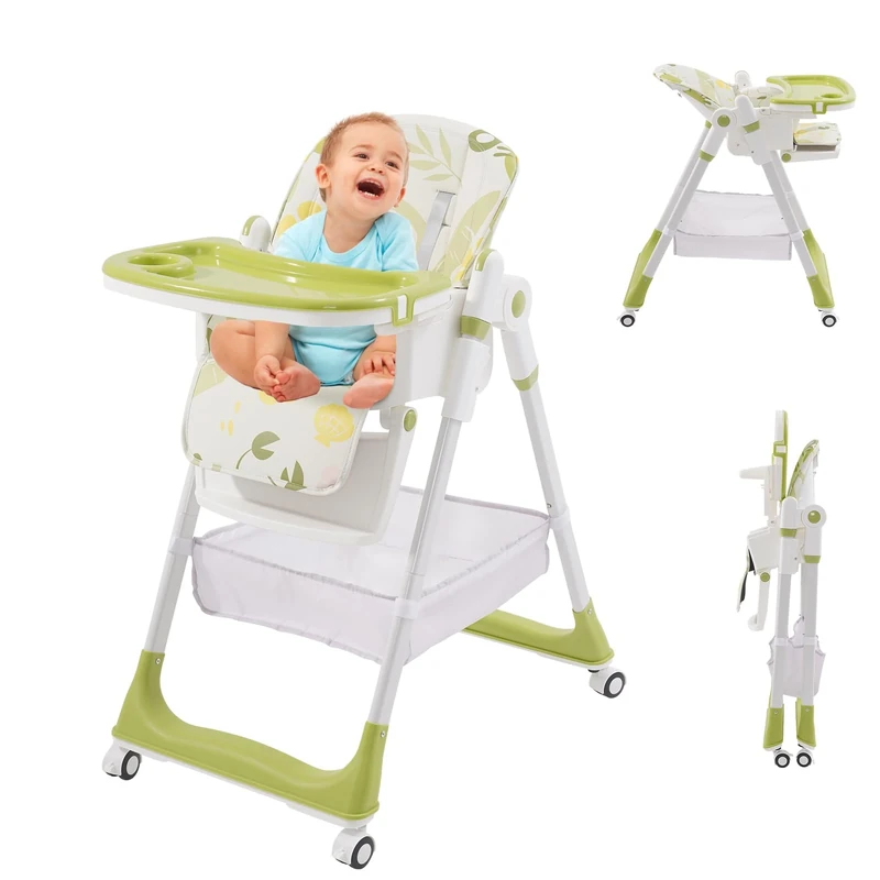 Foldable Highchair,Adjustable Highchair with 5 Height Settings,3 Recline Position of The Foot Pedal and Backrest and 4 Large Tray Position Settings,Baby Feeding Chairs from 6 Month to 3 Years