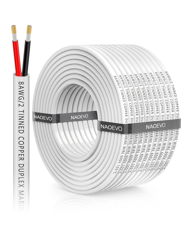 NAOEVO 8 Gauge Marine Wire Duplex, 8 AWG Stranded PVC Marine Electrical Wire, Waterproof/Corrosion Resistant/Tinned Copper Electrical Cable for Boat/Automotive/RV/Solar (60FT)