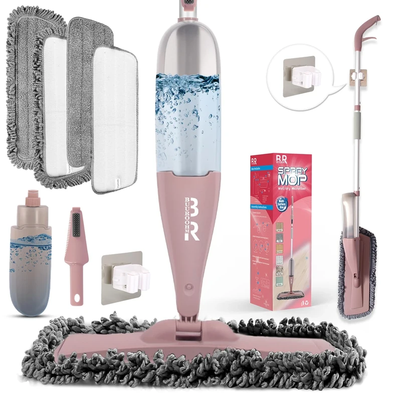 360° 3-in-1 Microfiber Spray Mop for Floor Cleaning Dry Wet Dust Mop for Hardwood, Laminate, Tile & Wood Floors Large Capacity Bottle 4 Reusable Pads Scraper Holder Kitchen Multi-Surface