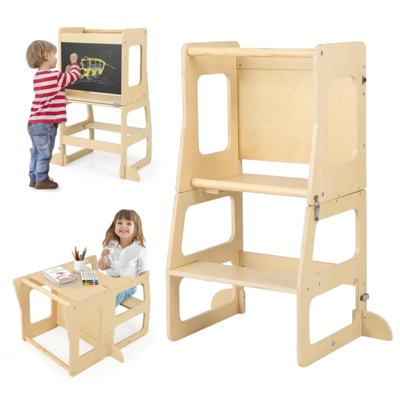 GYMAX Kids Step Stool, 3-in-1 Wooden Kitchen Helper Stand