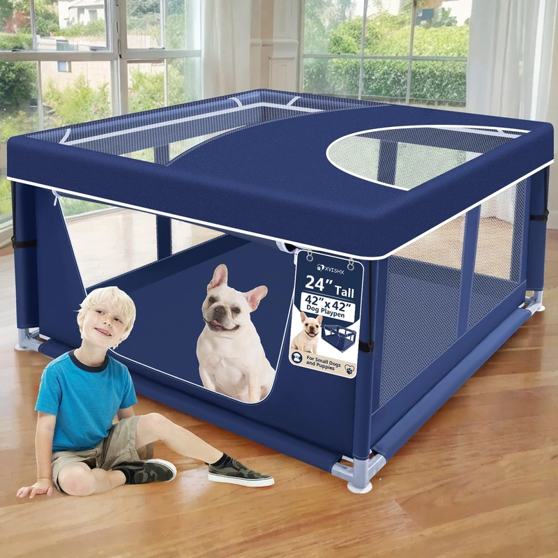 42x42x25.6 Inch Puppy Playpen with Cover, Dog Playpen for Puppies or Small Dogs, Dog Fence Pet Playpen for Indoor & Outdoor, Sturdy Safety Dog Pen with Thickened Fabric, High-Strength Nylon Wire Mesh