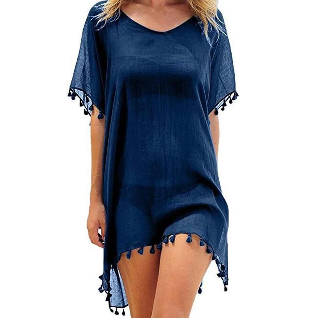 Chiffon Beachwear Women Beach Bikini Cover Up Tassel Beach Dress V Neck Swimwear Summer Casual Swimsuit
