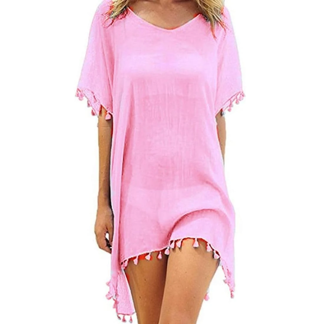 Chiffon Beachwear Women Beach Bikini Cover Up Tassel Beach Dress V Neck Swimwear Summer Casual Swimsuit