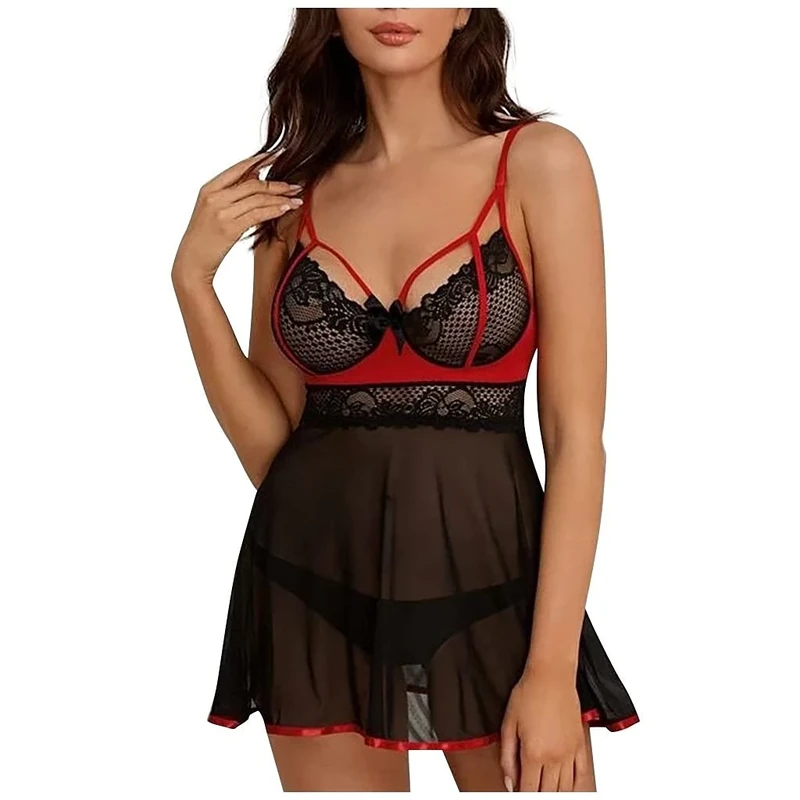 AMAXRcsy Lingerie Women Bowknot Lace Perspective Camisole Nightdress Plus Size Sleepwear Nightgowns Baby Doll Sleepshirts Lingerie For Women (Color : zwart, Size : X-Large) (zwart XL) - Image 1