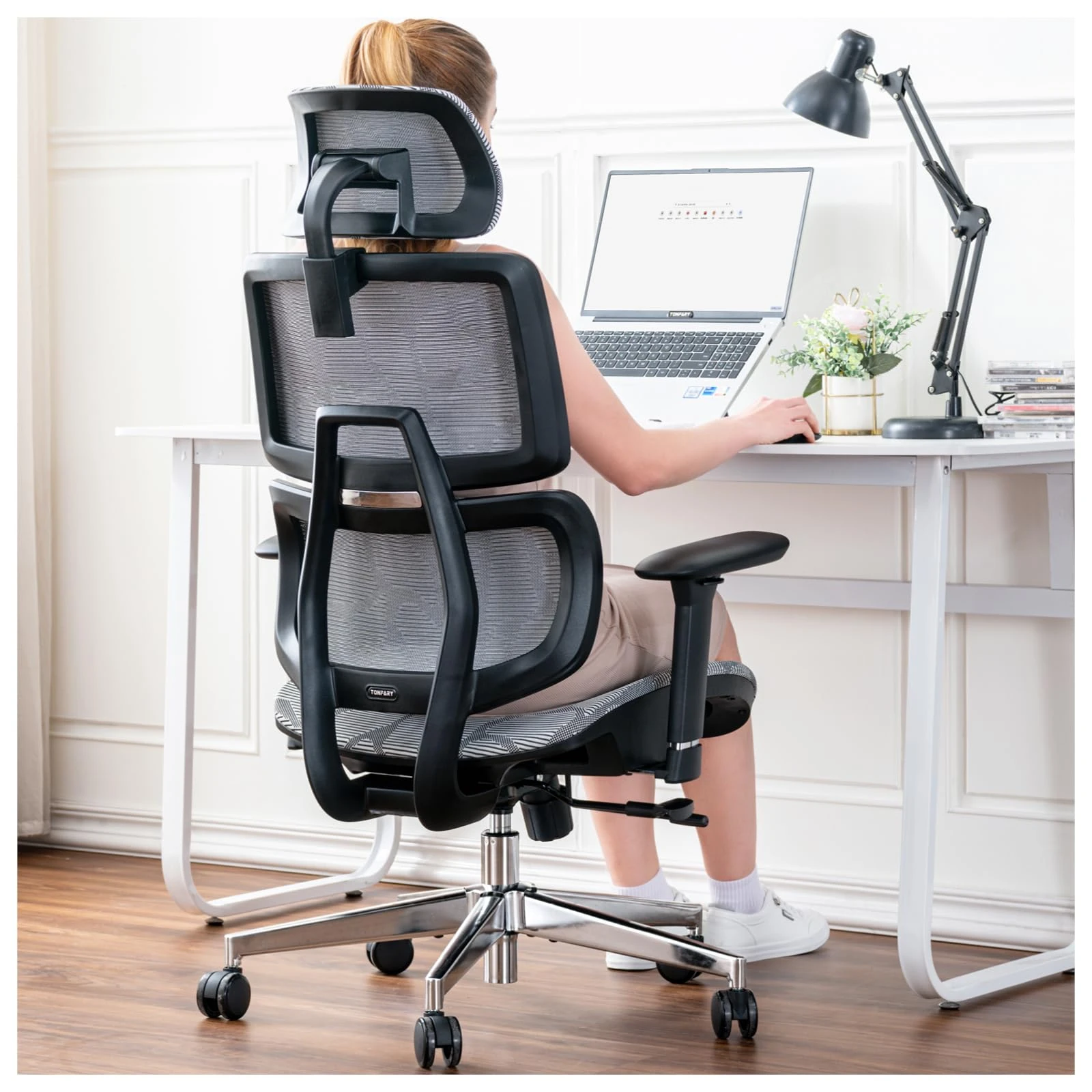 TONFARY Ergonomic Office Chair - Breathable High Back Armchair with Mesh Lumbar Support, 130° Tilt Backrest, Adjustable Seat Depth & 3D Armrest - Big and Tall, Swivel Rolling, Supports Up to 330 LBS