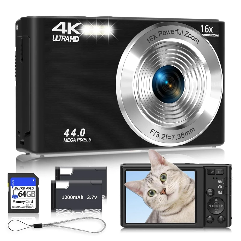 Digital Camera 4K, 2026 Upgrade Black Cameras for Teens, Autofocus Digital Point and Shoot Camera for Kids with 16X Zoom, 64GB SD Card, Compact Small Camera for Boys Girls Teens Kids Gift