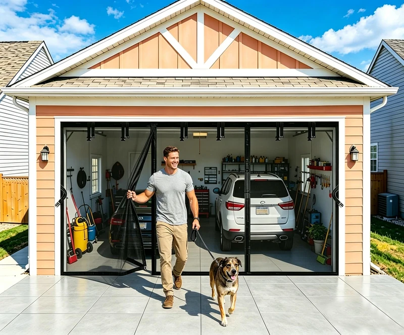 SANJINFON Retractable Garage Door Screen Kit 18x8 FT - Heavy-Duty Fiberglass Mesh Net Screen Door for 2 Car Garage 18x8ft, Easy Installation with Magnetic Closure - Ideal for Patio, Balcony, or Porch