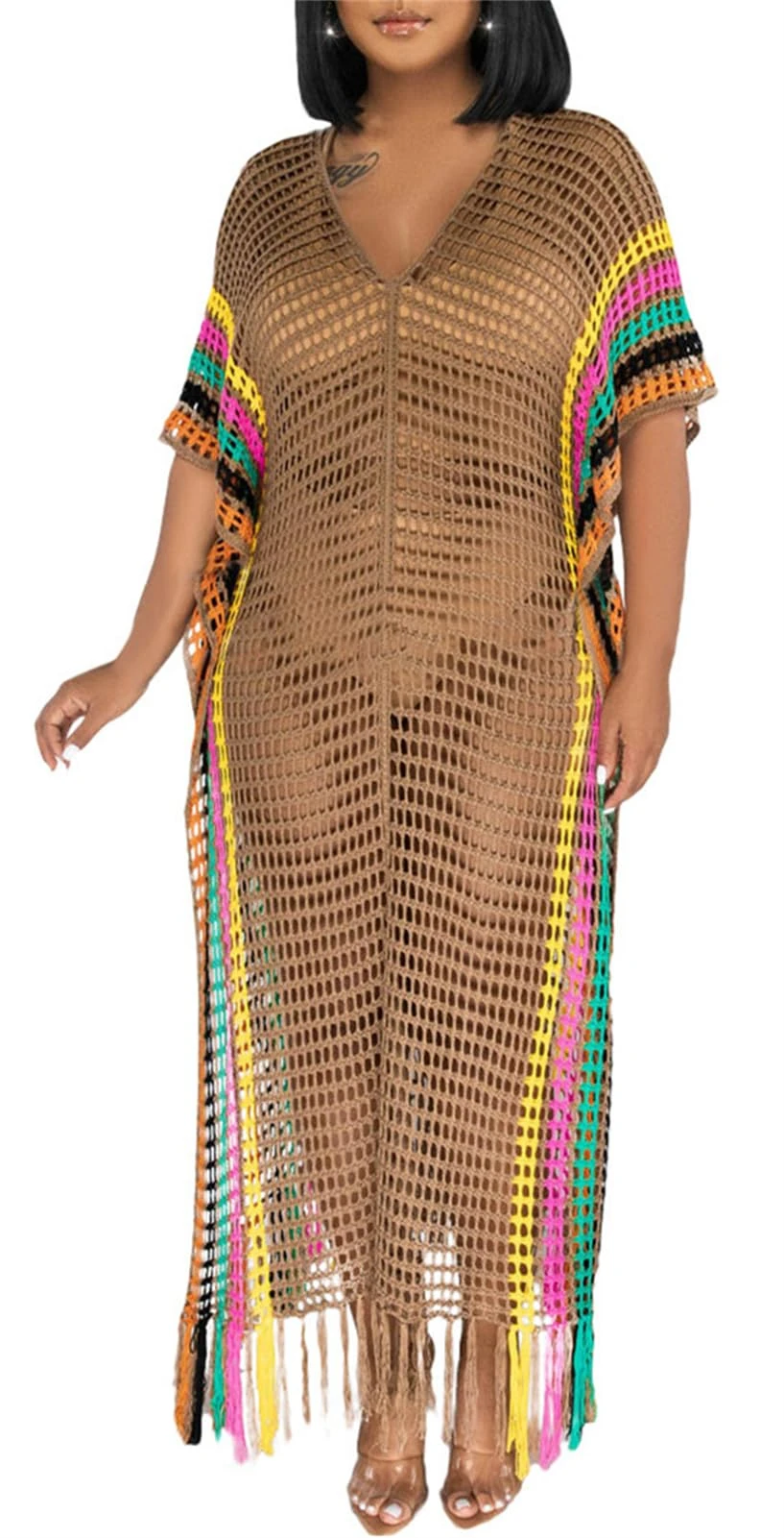 SAMACHICA Womens Tank Colorful Stripe Fishnet Cover up Mini Dress Bikinis Swimwear Rasta Dress, 630 Tassel Brown, S