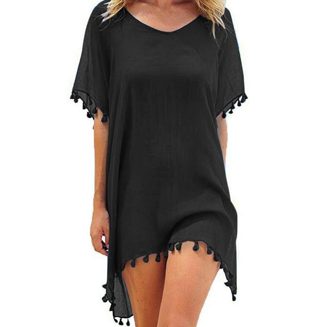 Chiffon Beachwear Women Beach Bikini Cover Up Tassel Beach Dress V Neck Swimwear Summer Casual Swimsuit