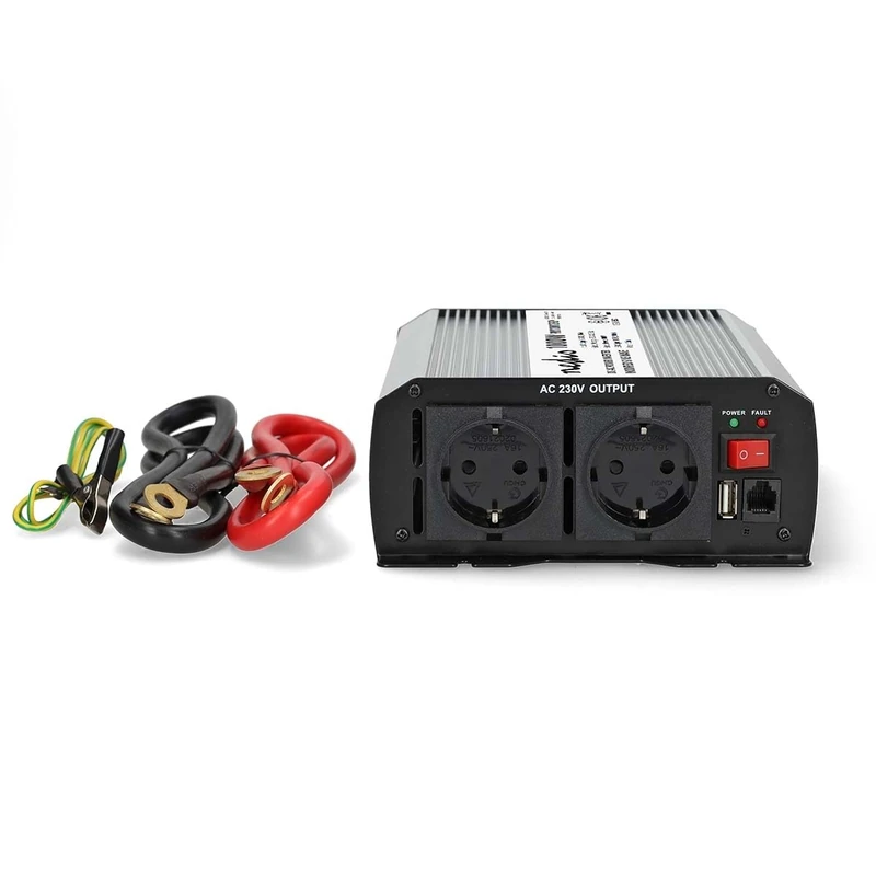 Power Inverter Modified Sine Wave - Input Voltage: 12 V DC - Device Output Connector: Type F (CEE 7/3) / USB-A - 230 V AC 50 Hz - 1000 W - Peak Power: 2000 W - Screw Terminal - Silver