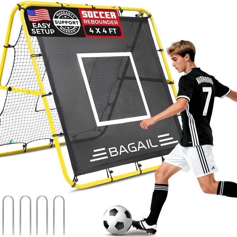 BAGAIL Double Sided Rebounder Net, Football Nets, Reforced Painted Poles, Adjustable Angles, Rebound Net with Target for Skills Training, Portable Football Goals for Garden, 120x120cm