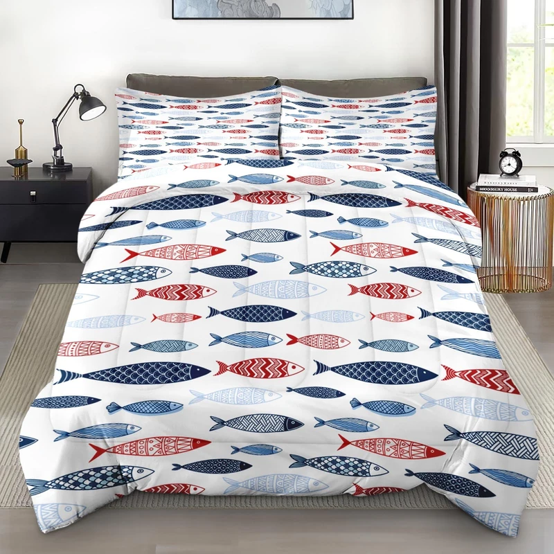 Pamnest Comforter Set Queen Size, Fish Blue Summer Soft 3 Pcs Bedding for Kids and Adults, Red Sea Cute Comforter Set with Pillowcase, for Bedroom Bed Decor