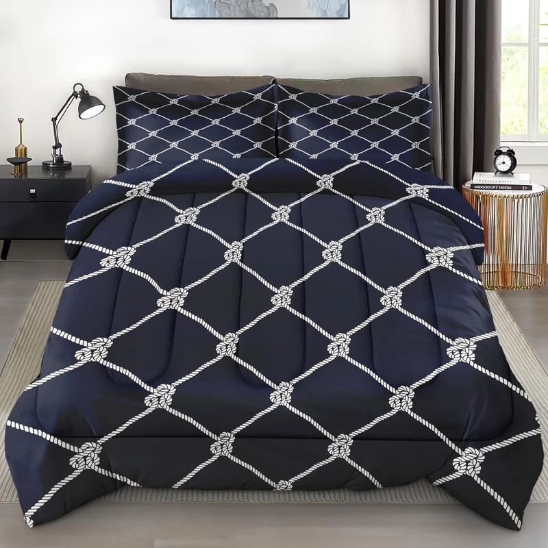 Pamnest Comforter Set Queen Size, Nautical Navy Blue Fishing Soft 3 Pcs Bedding for Kids and Adults, Sea Sailor Geometric Comforter Set with Pillowcase, for Bedroom Bed Decor