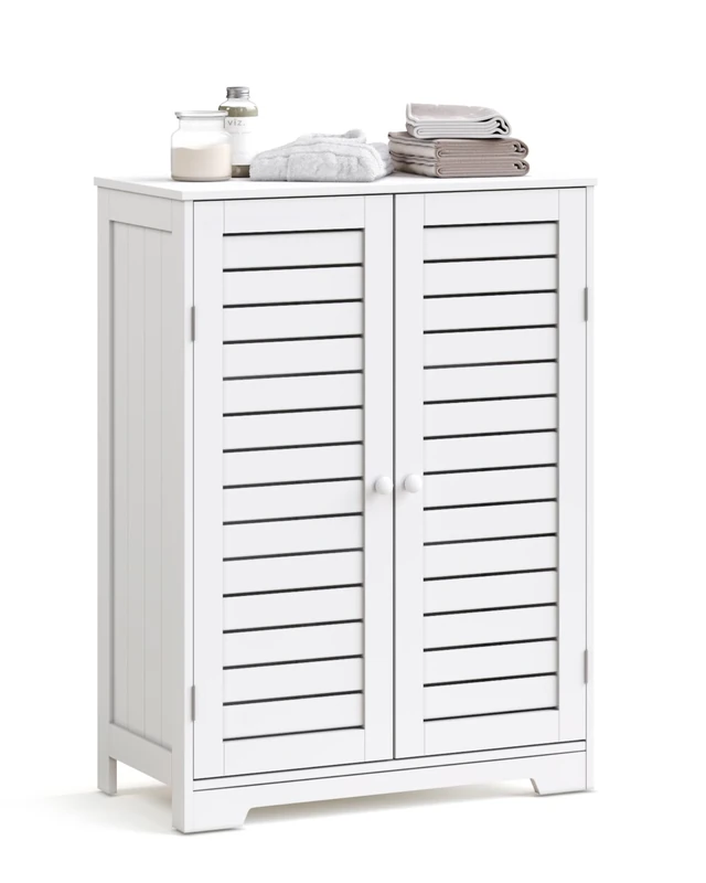 Mondeer Bathroom Floor Cabinet, Freestanding Storage Unit with 2 Adjustable Shelves and 2 Louvered Doors, for Bathroom Kitchen Bedroom Hallway, 60 x 30 x 80cm, White