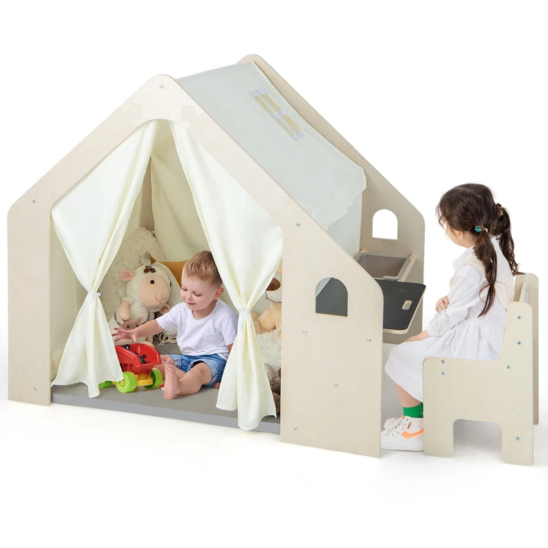 GYMAX 6 in 1 Kids Tent, Large Play Tent with Padded Mat, Blackboard, Storage Bin, Table & Chair, Indoor Children Playhouse for Toddlers Aged 3-6 Years Old (131x98x113cm)
