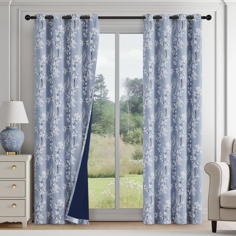 FMFUNCTEX 100% Blackout Blue Floral Curtains 90 Inch Long Grommet 2 Panels