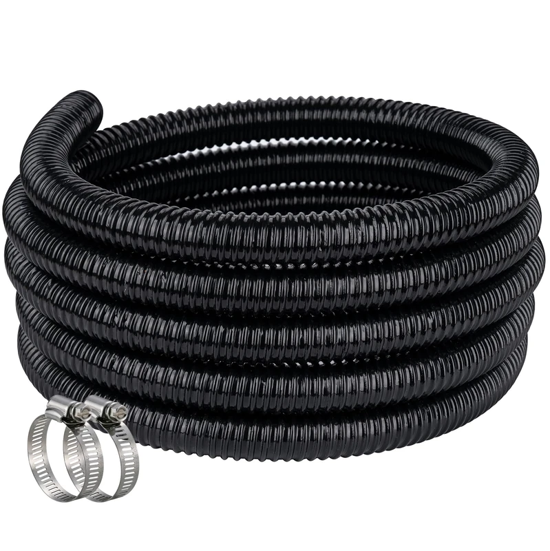 ZY-hosetube Pond Hose ID 1-1/2” × 25ft Black Corrugated Flexible Reinforced PVC Hose Vinyl Tubing for Pond Pump Fountain Garden Waterfall, Non-Toxic & Kinkproof, with 2 Clamps, 1.5in 38mm id