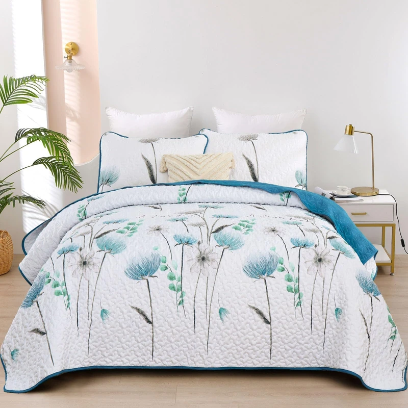 Dinjoy Floral Quilt Set Queen Size - Teal Microfiber Bedspread