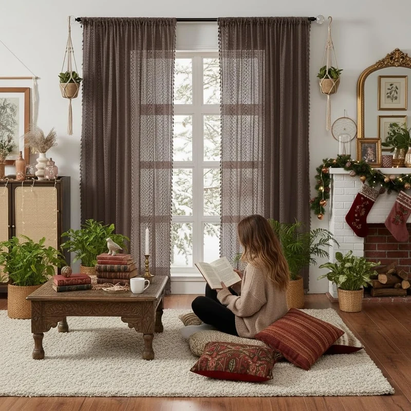 WAZZIO Cotton Sheer Brown Curtains 84 Inch Length 2 Panels Rod Pocket Tassel Boho Crochet Lace Light Blue Bedroom Living Room See Through Privacy for Boys Room