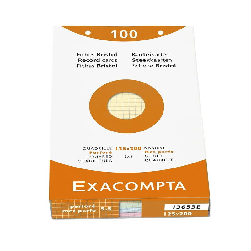 Exacompta - Ref 13653E - Box of 12 Boxes of 100 Squared 5x5 Perforated Index Cards - Format 125 x 200 mm - Suitable for Inkjet, Laser and photocopiers - Assorted Colours