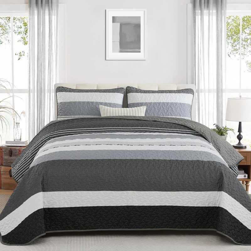Dinjoy Black White Striped Queen Quilt Set - 3 Piece Boho