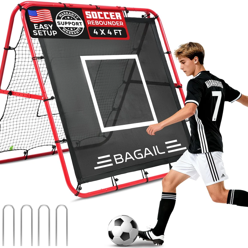 BAGAIL Double Sided Rebounder Net, Football Nets, Reforced Painted Poles, Adjustable Angles, Rebound Net with Target for Skills Training, Portable Football Goals for Garden, 120x120cm