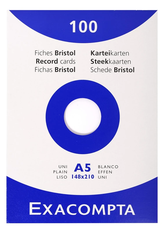 Exacompta 10 x 100 Unpunched Index Cards 148 x 210 mm for Inkjet Printers, Laser Printers and Copiers - 13308E
