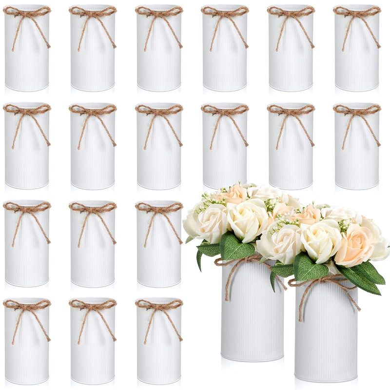 Rustic Vase for Table Centerpieces 5.91 Inch Flower High Vase with Twine Bow Vintage Farmhouse Decor for Wedding Reception Dining Baby Shower Home Galvanized Metal Buckets(White,16 Pcs)