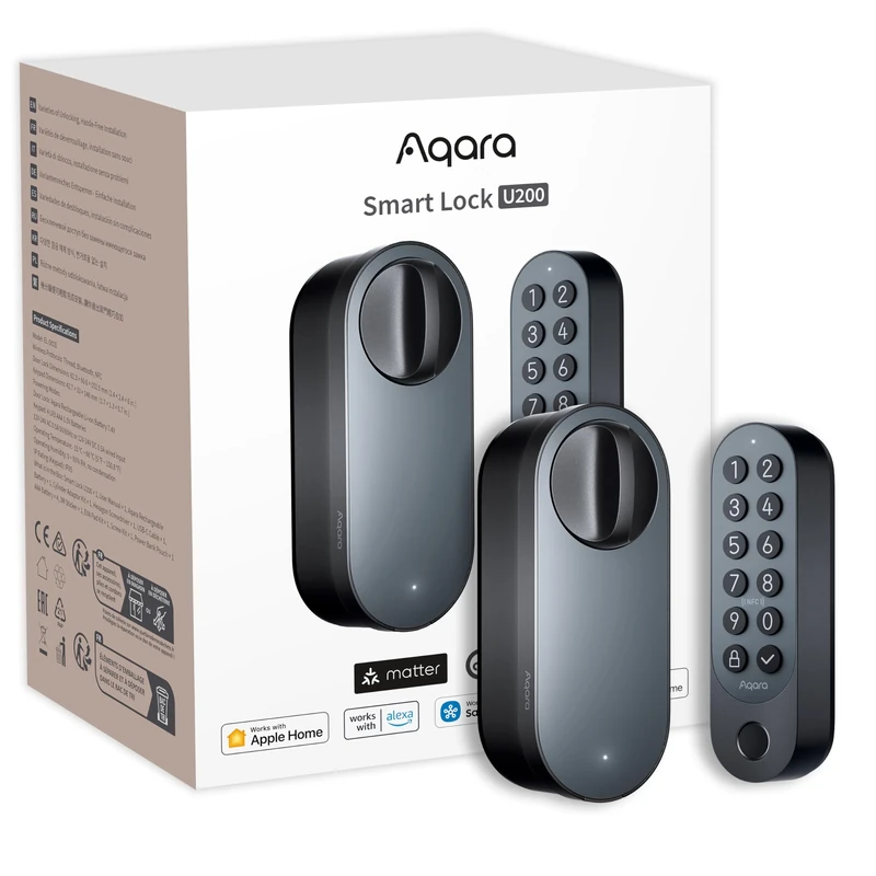 Aqara Serrure Connectée U200 avec Clavier à Empreinte Digitale, Matter sur Thread, Accès avec Clé Apple Home, Serrure Porte avec Batterie Rechargeable, Compatible Apple Home, Google Home, Alexa, Noir